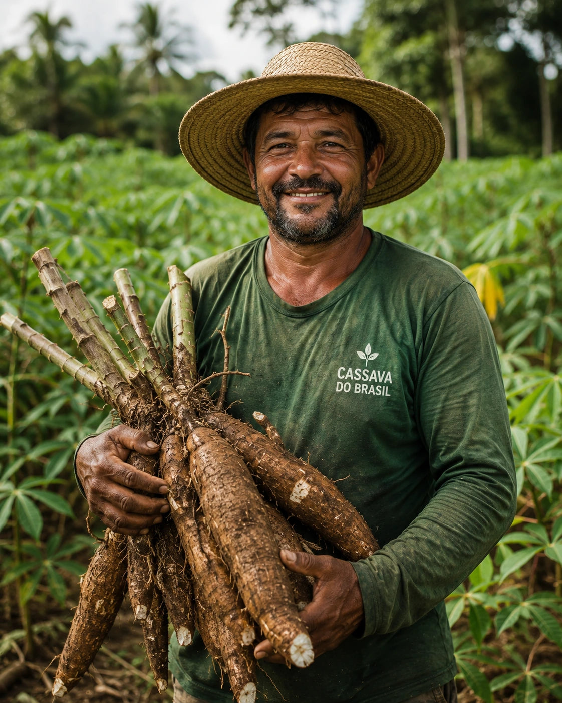 Brazilian cassava farmer holding freshly harvested roots