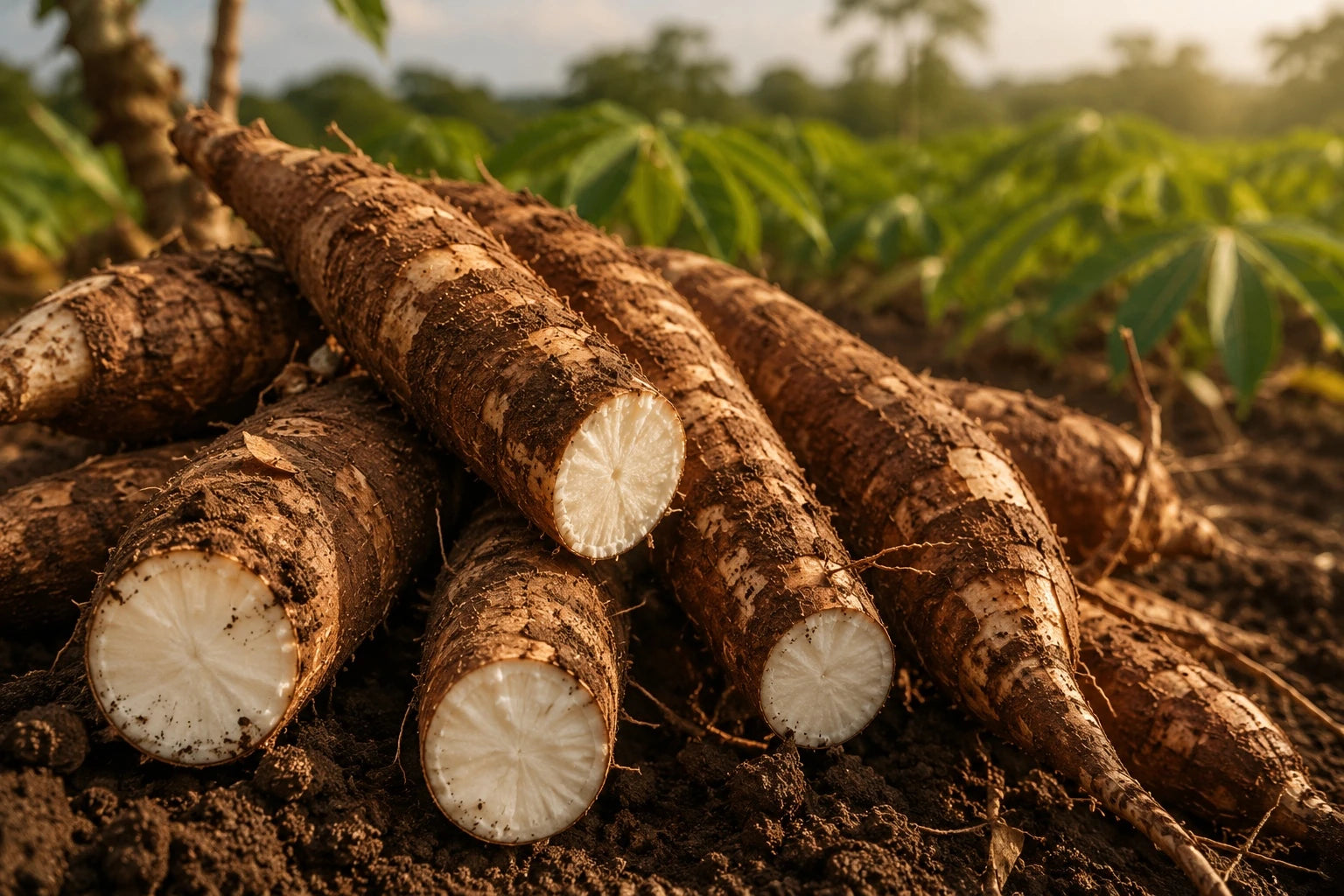 Freshly harvested cassava roots