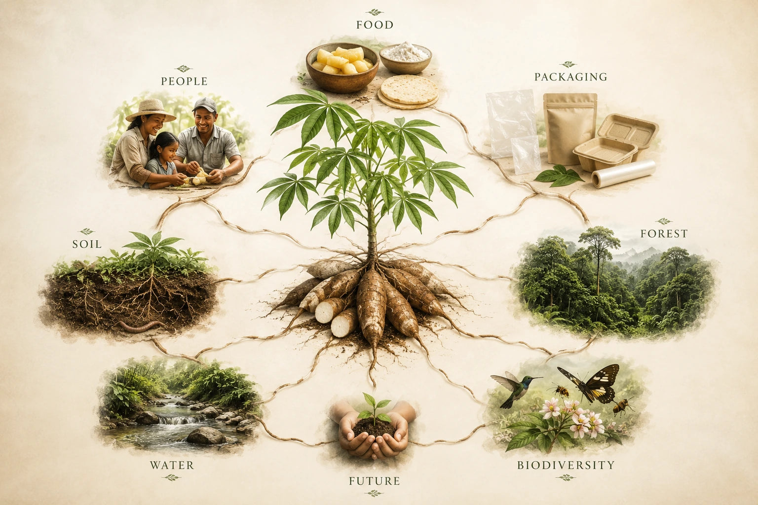 Cassava ecosystem connecting food, people, packaging, soil, forest, water and biodiversity