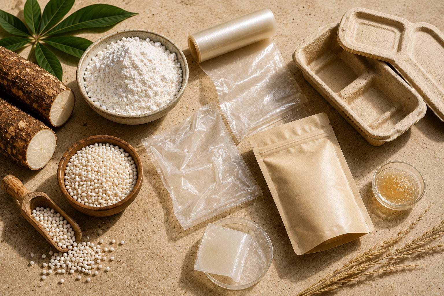 Cassava starch, compostable film, bioplastics and renewable packaging