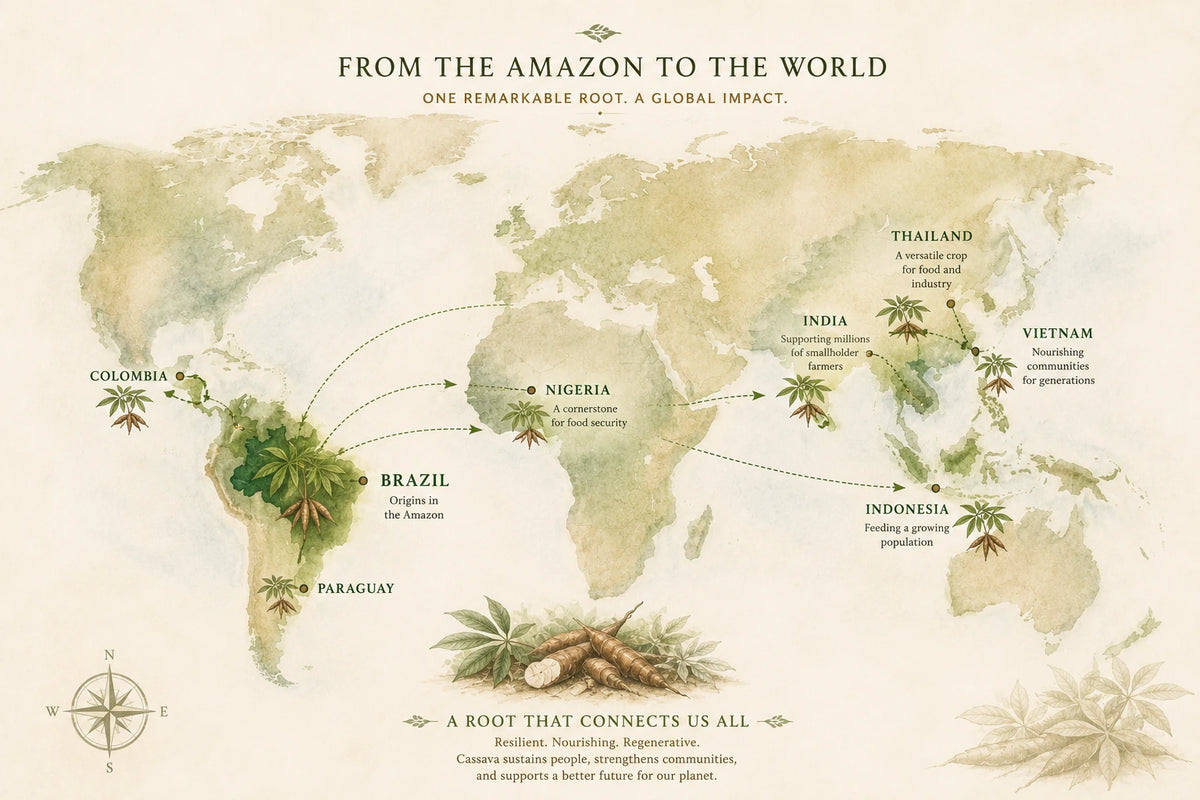 Map showing cassava spreading from the Amazon to Africa and Asia