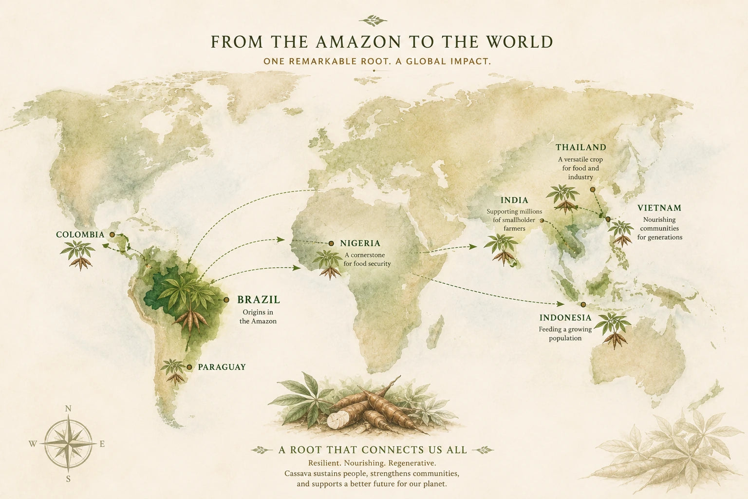Map showing cassava spreading around the world