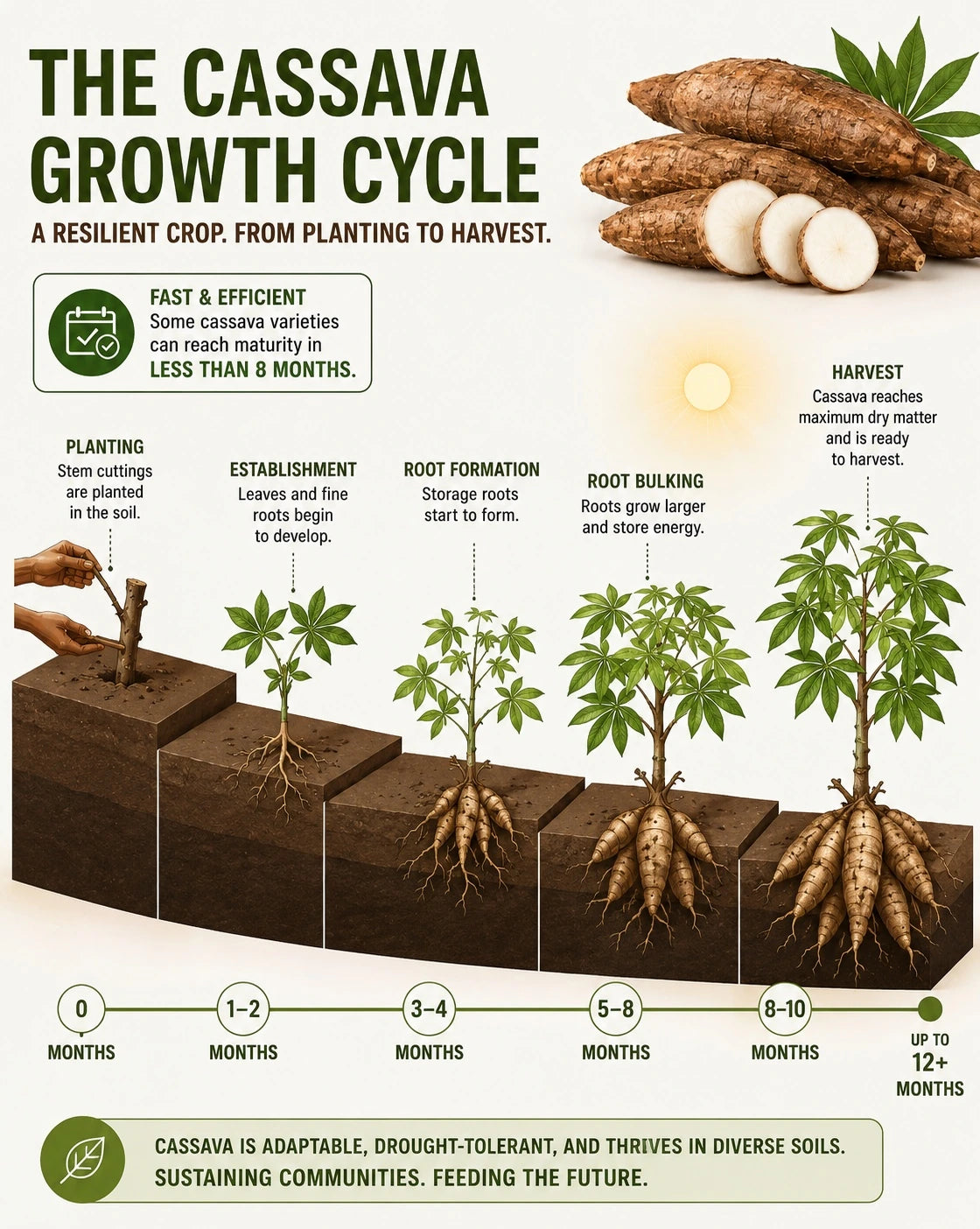 Cassava growth cycle from planting to harvest