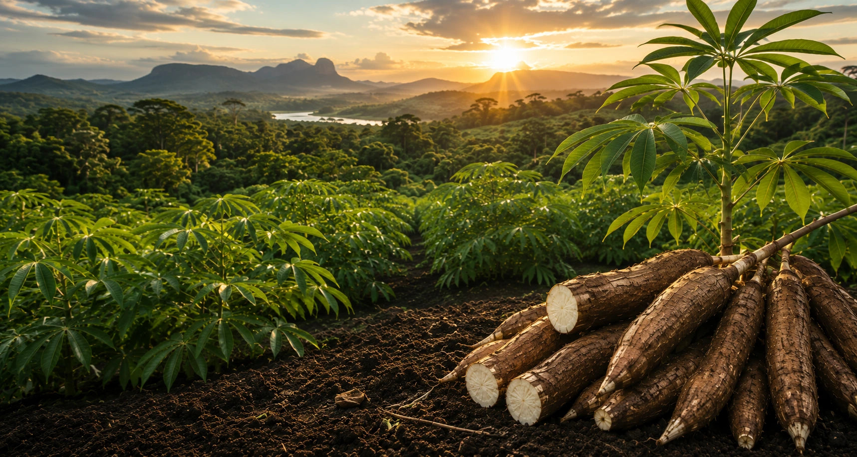 Regenerative cassava farm at sunrise