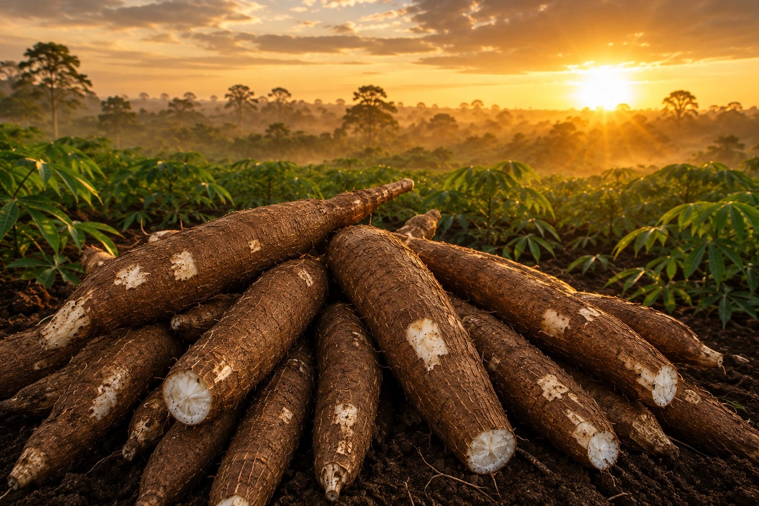 Fresh cassava roots at sunrise over a cassava farm