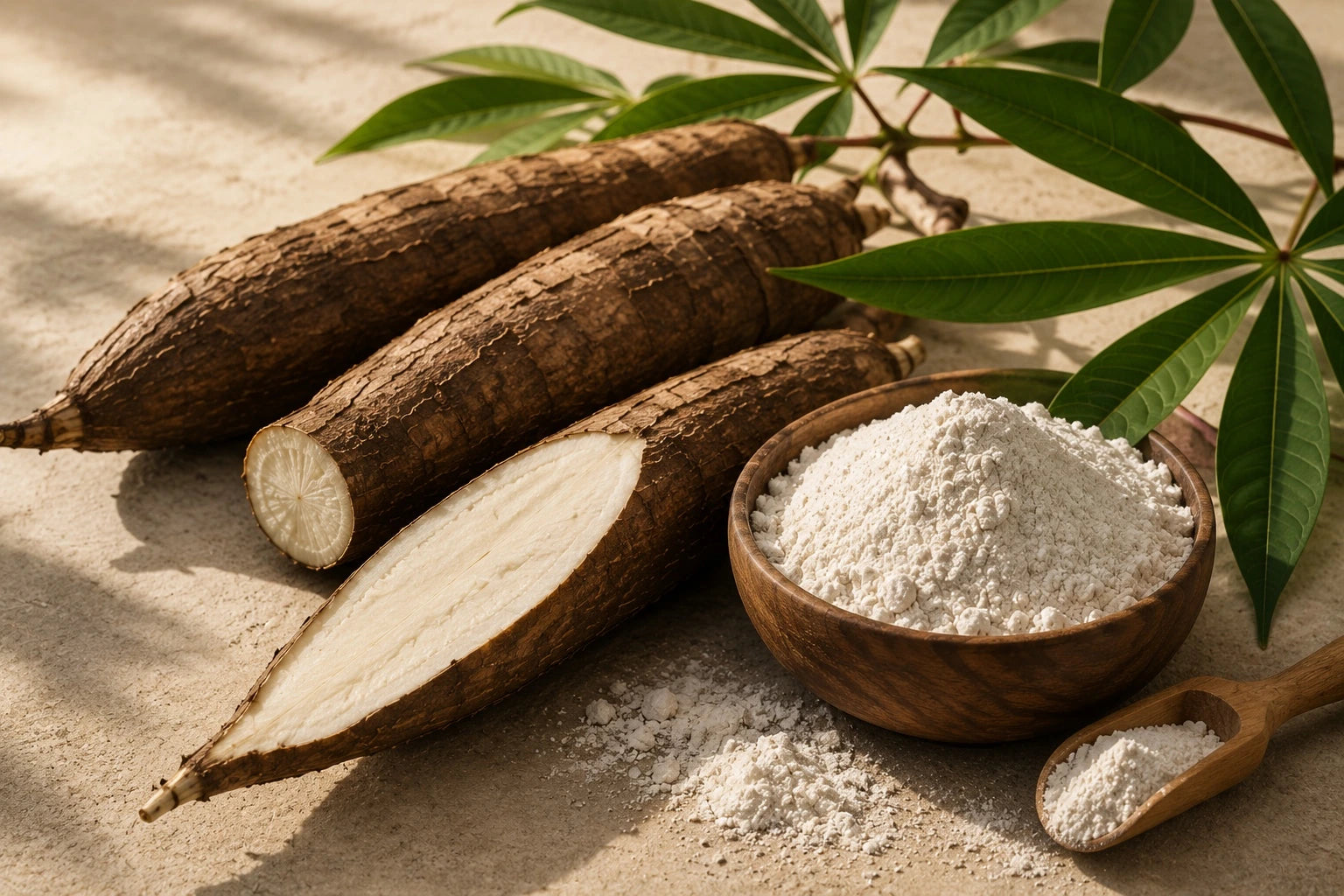 Whole cassava roots with cassava flour