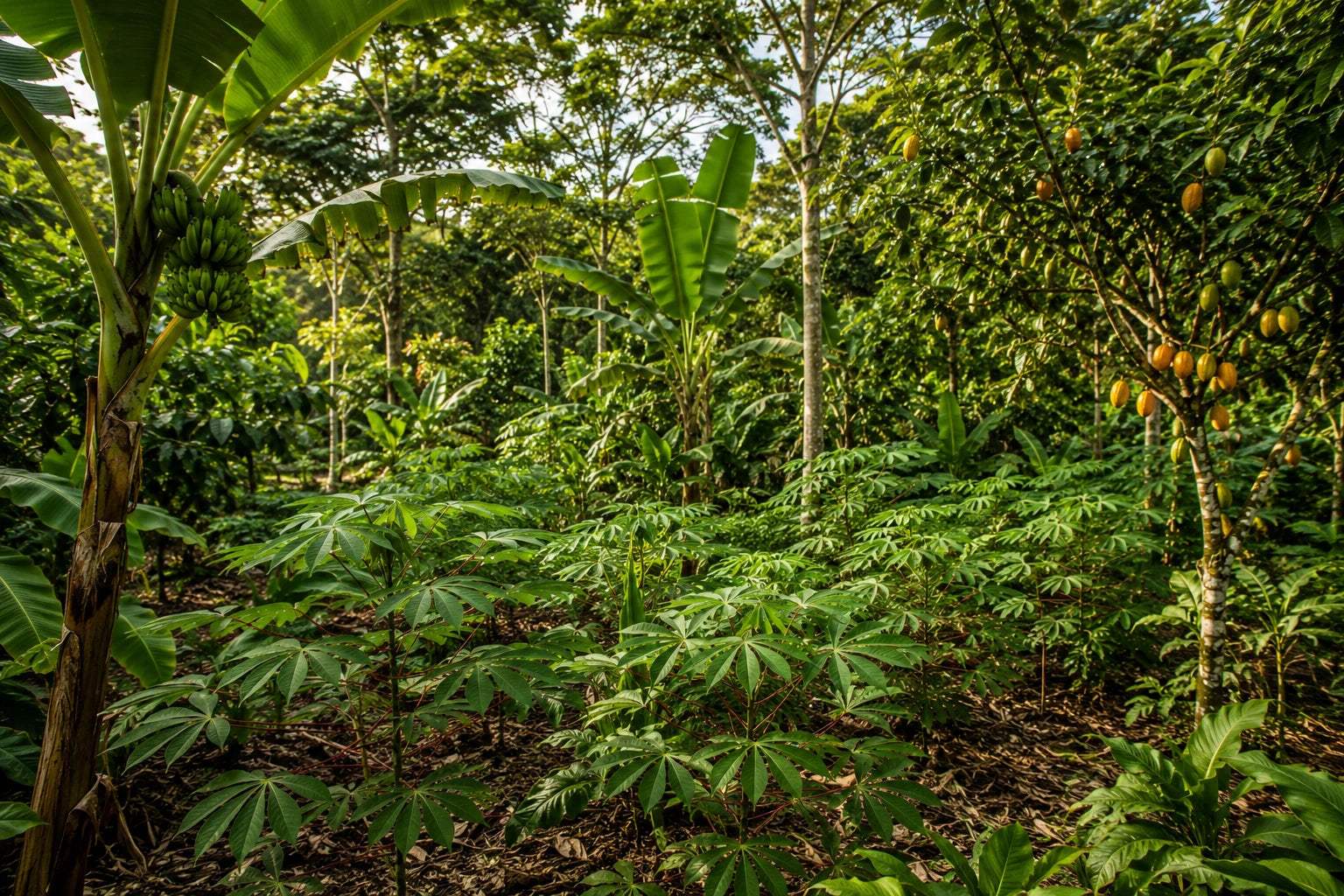 Cassava growing with banana trees and fruit trees in an agroforest