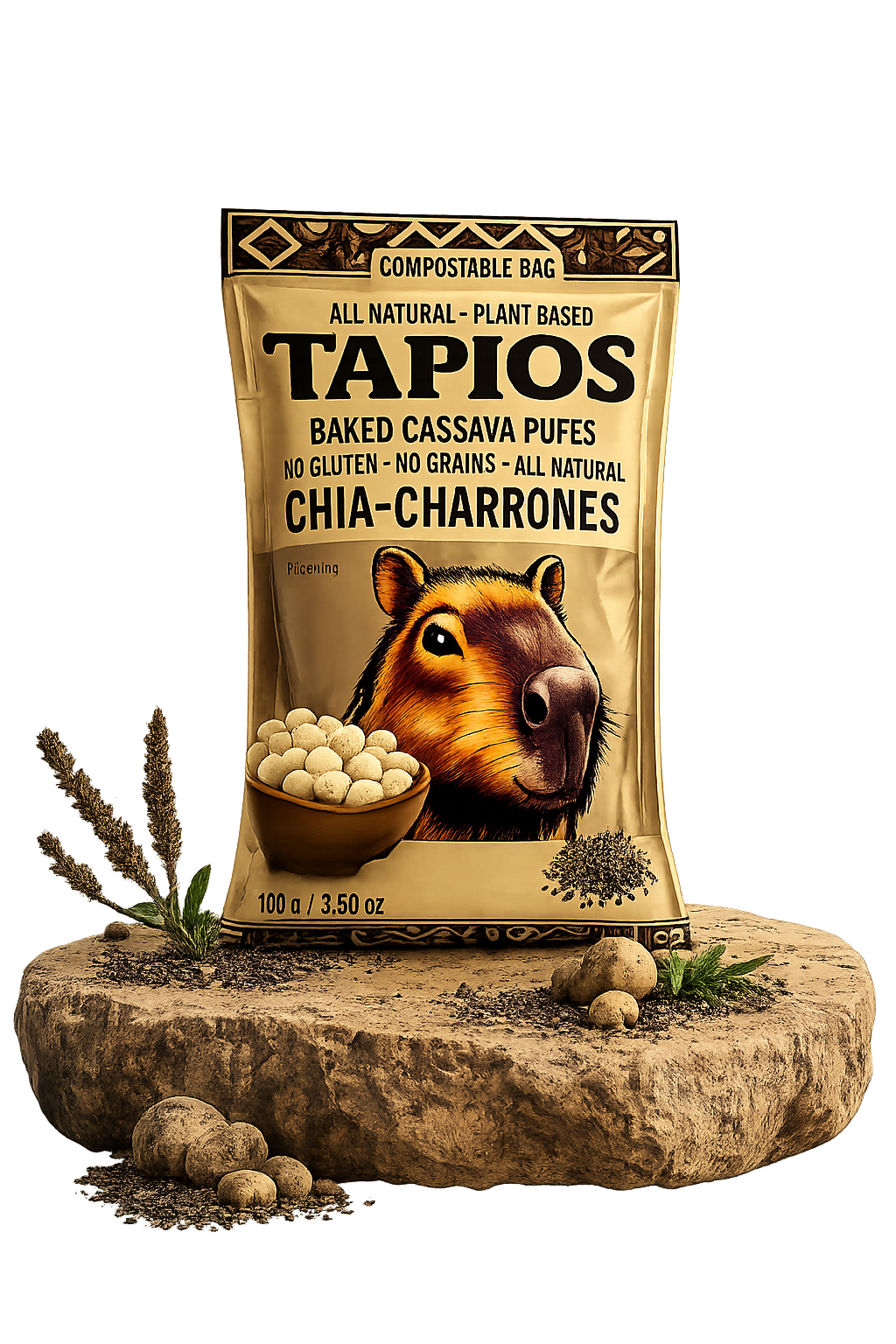 Tapios Golden Spice baked cassava puffs with turmeric and black pepper on a stone base