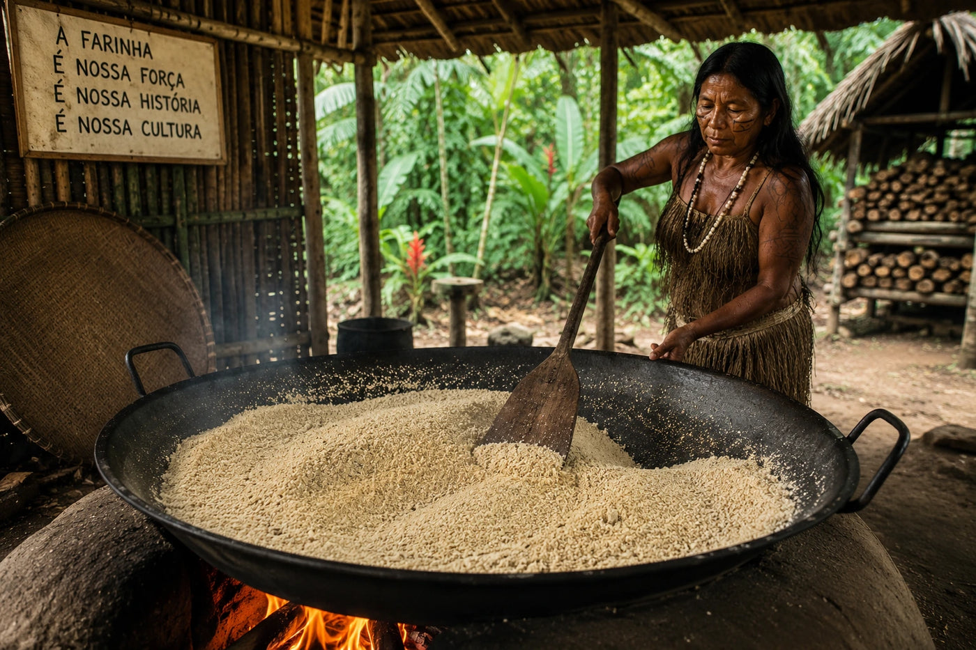 Traditional cassava flour roasting in a large pan