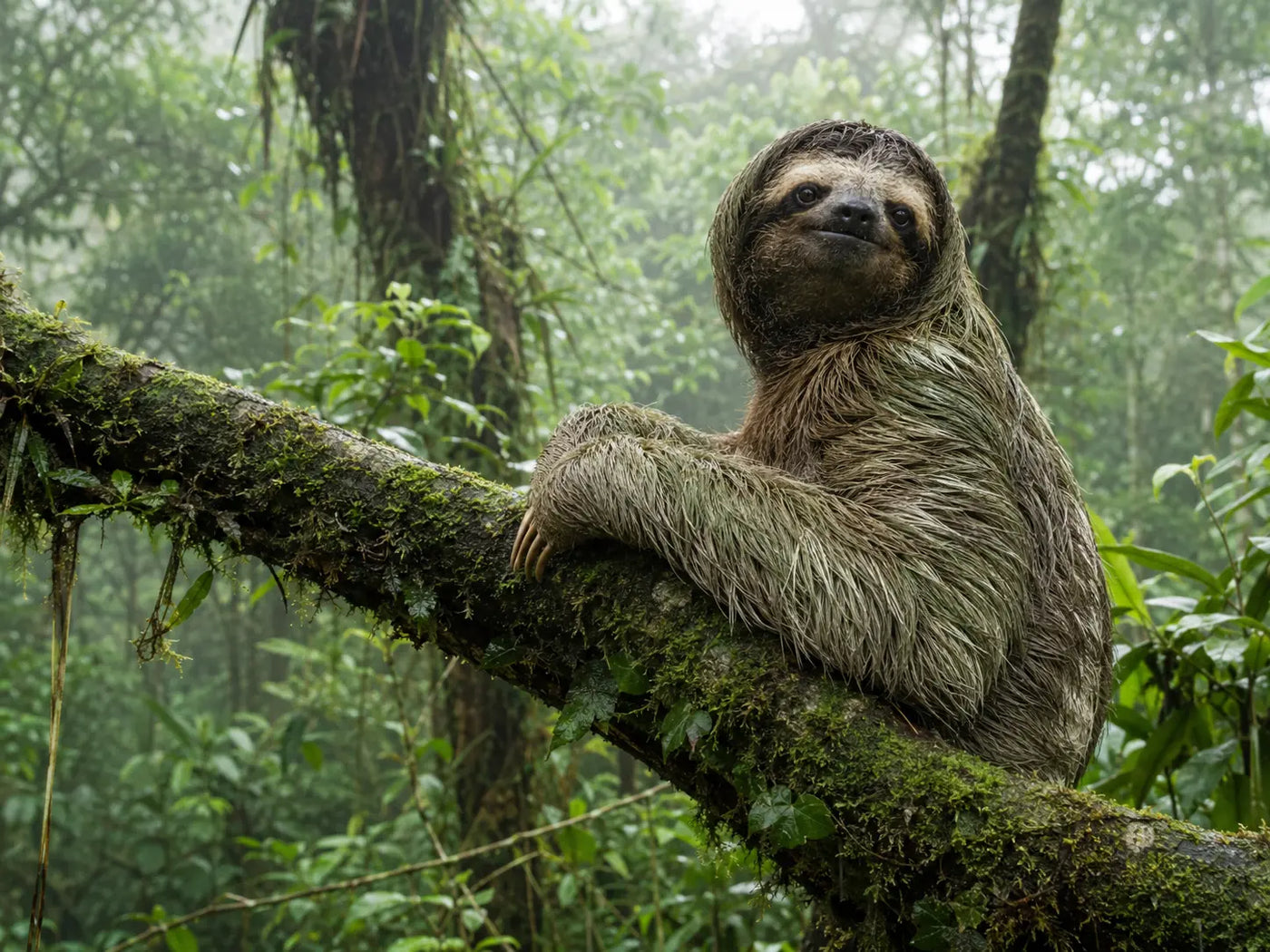 Three-toed sloth resting in the Brazilian rainforest